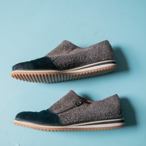 LIKE NEW Anthropologie All Black Gray Black Fur Cap Pony Hair Zipper Flat Sz 39 - Picture 4 of 8